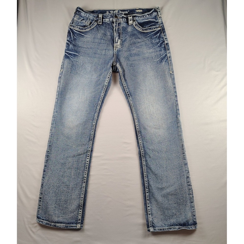 B. Tuff Jeans Torque Mens 36x34 Bootcut Distressed Western Cowboy Blue Denim
